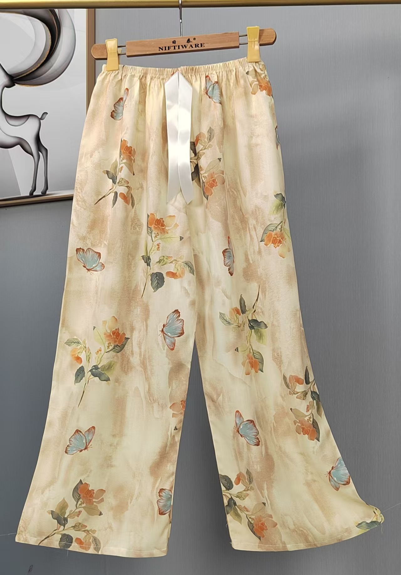 Pijama de seda de algodón para mujer, pantalones anchos de mujer embarazada de seda de algodón con estampado fino de verano