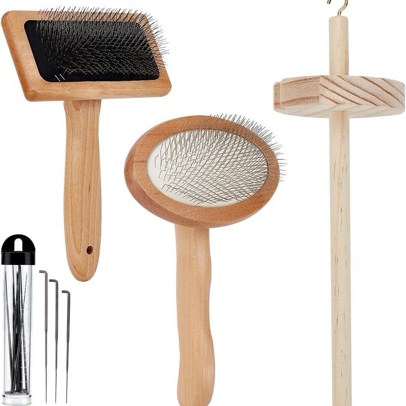 Wooden Wool Combing Tool, Flat Comb Brush, Spinning Tool, Felting Kit with 12 Pricking Needles, Cat Thinning Comb Wooden Wool Combing Tool, Flat Comb Brush, Spinning Tool, Felting Kit with 12 Pricking Needles, Cat Thinning Comb
