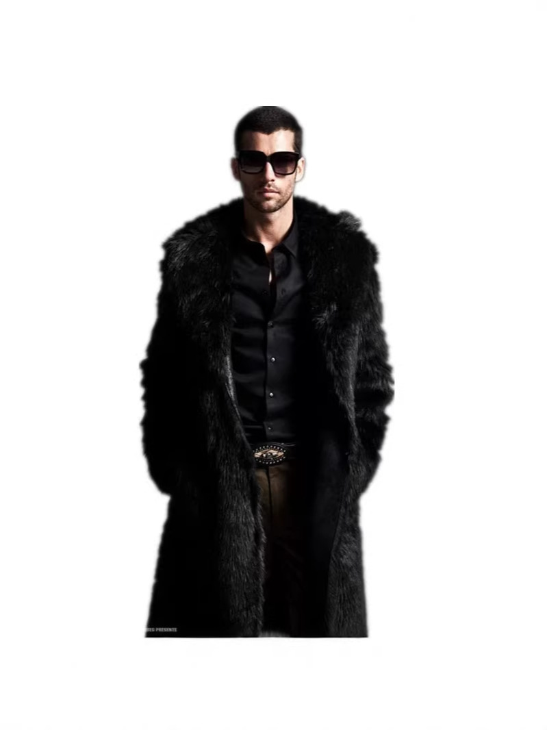 Abrigo largo de piel sintética para hombre, estilo trench coat de pelo largo, con cuello de piel sintética de zorro, venta al por mayor transfronteriza.