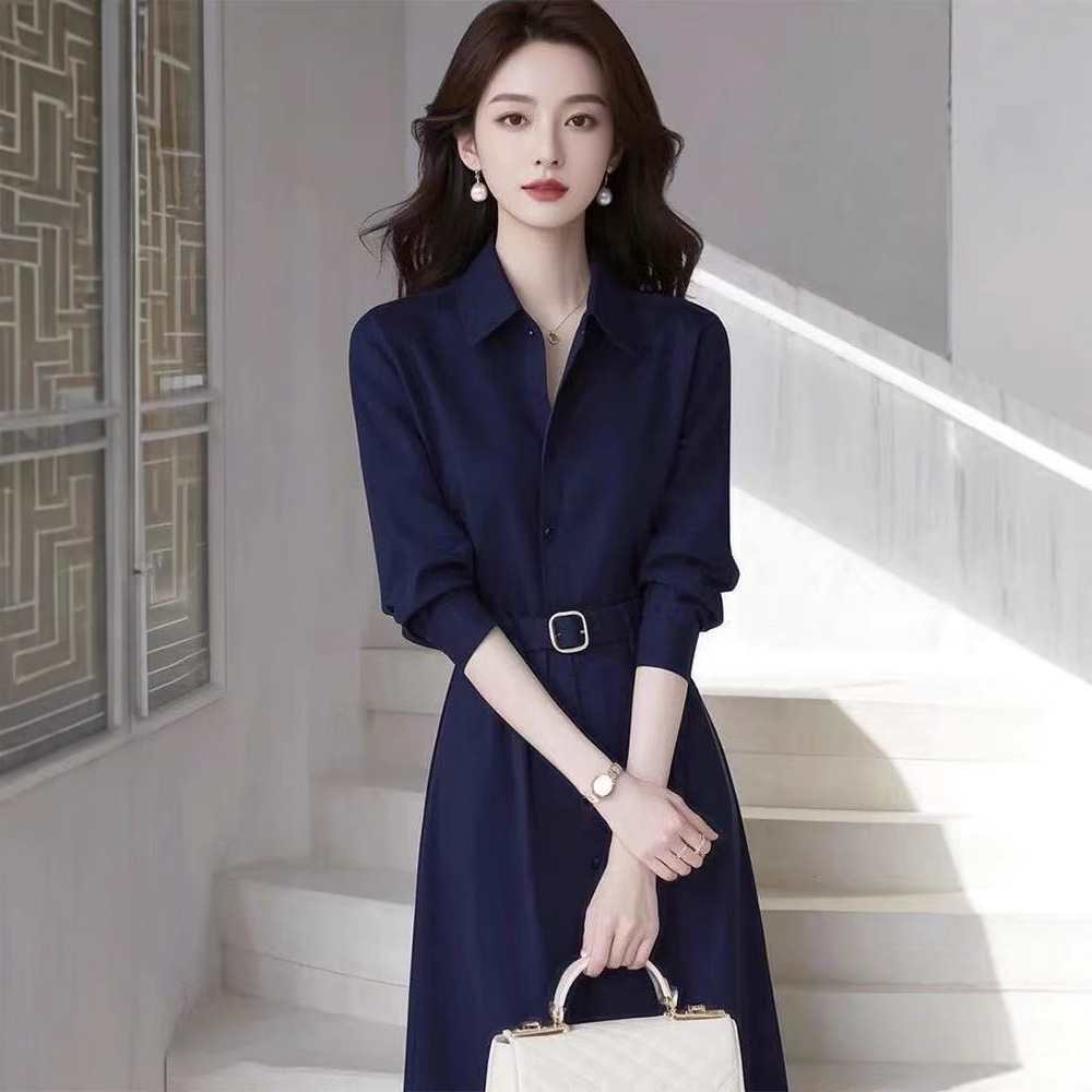 eqwl9242法式气质名媛女神范高级感正式场合蓝色衬衫连衣裙通勤装