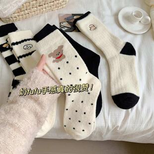 2024 autumn and winter cute embroidered socks mink velvet warm striped tube socks autumn and winter puppy socks women's new