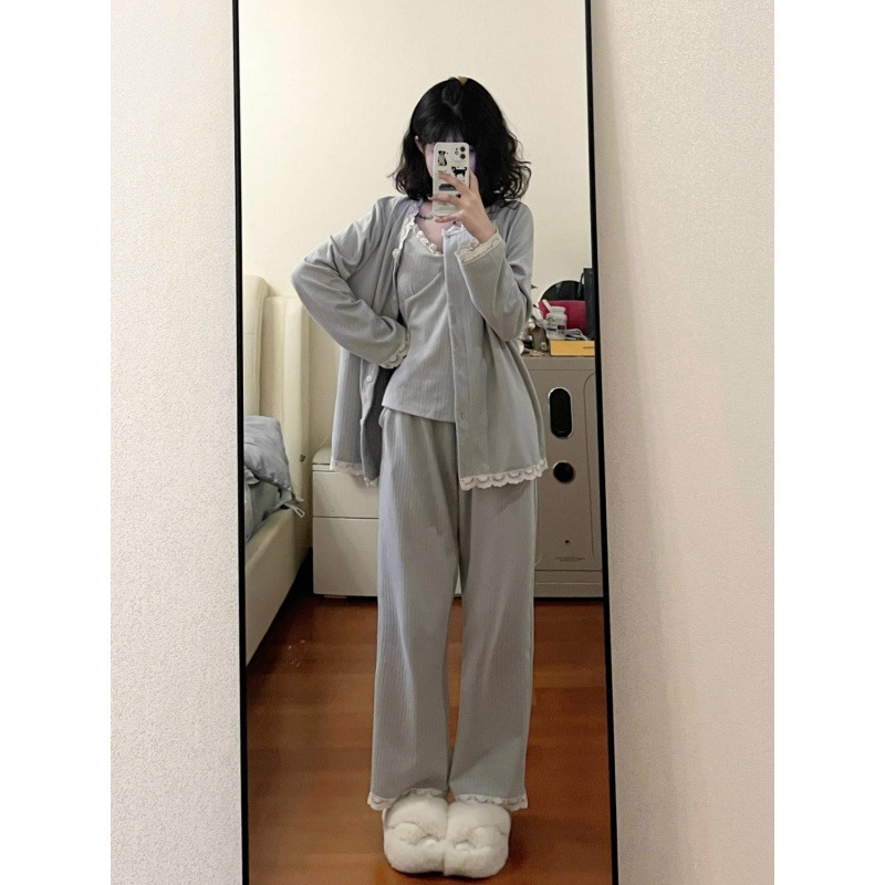 여성용 봄, 가을 심플 솔리드 컬러 레이스 파자마 새로운 스타일 달콤한 INS 걸 슬링 홈 의류 3피스 세트