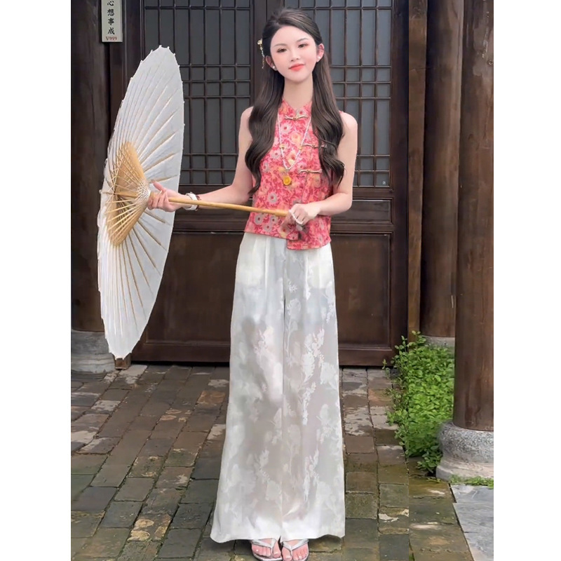 新しい中国風ピンクジャカードベストルーズパンツスーツ夏のハイエンドユニークな年齢軽減気質ツーピースセット|undefined