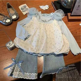 童装女童套装2025春季新款儿童洋气打底衫吊带裙韩版牛仔裤三件套