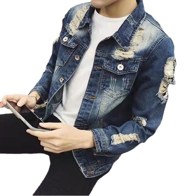 Hombres rasgados abrigo de mezclilla Otoño e Invierno chaqueta de moda guapo estilo coreano personalizado casual Denim Top chaqueta de trabajo