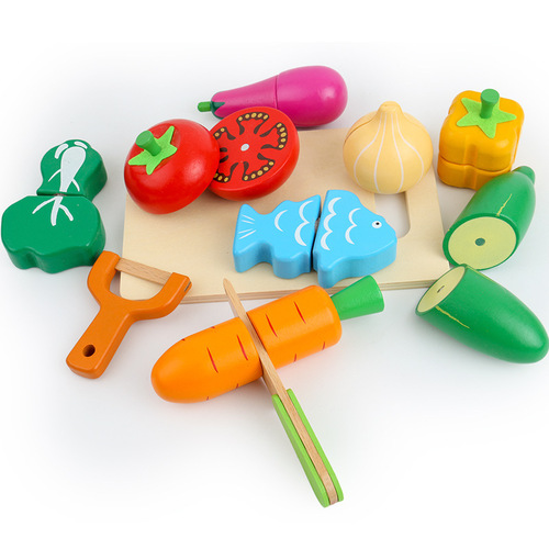 Play house children's kitchen toy wooden magnetic cut and play building blocks combination wooden simulation fruit and vegetable set