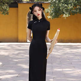 黑色旗袍2023年新款女夏季复古中国风女装中长款年轻款改良连衣裙