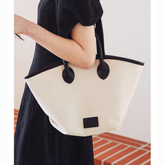 出口韓國設計師小眾帆布包配牛皮跨境托特包大容量輕便單肩包女包