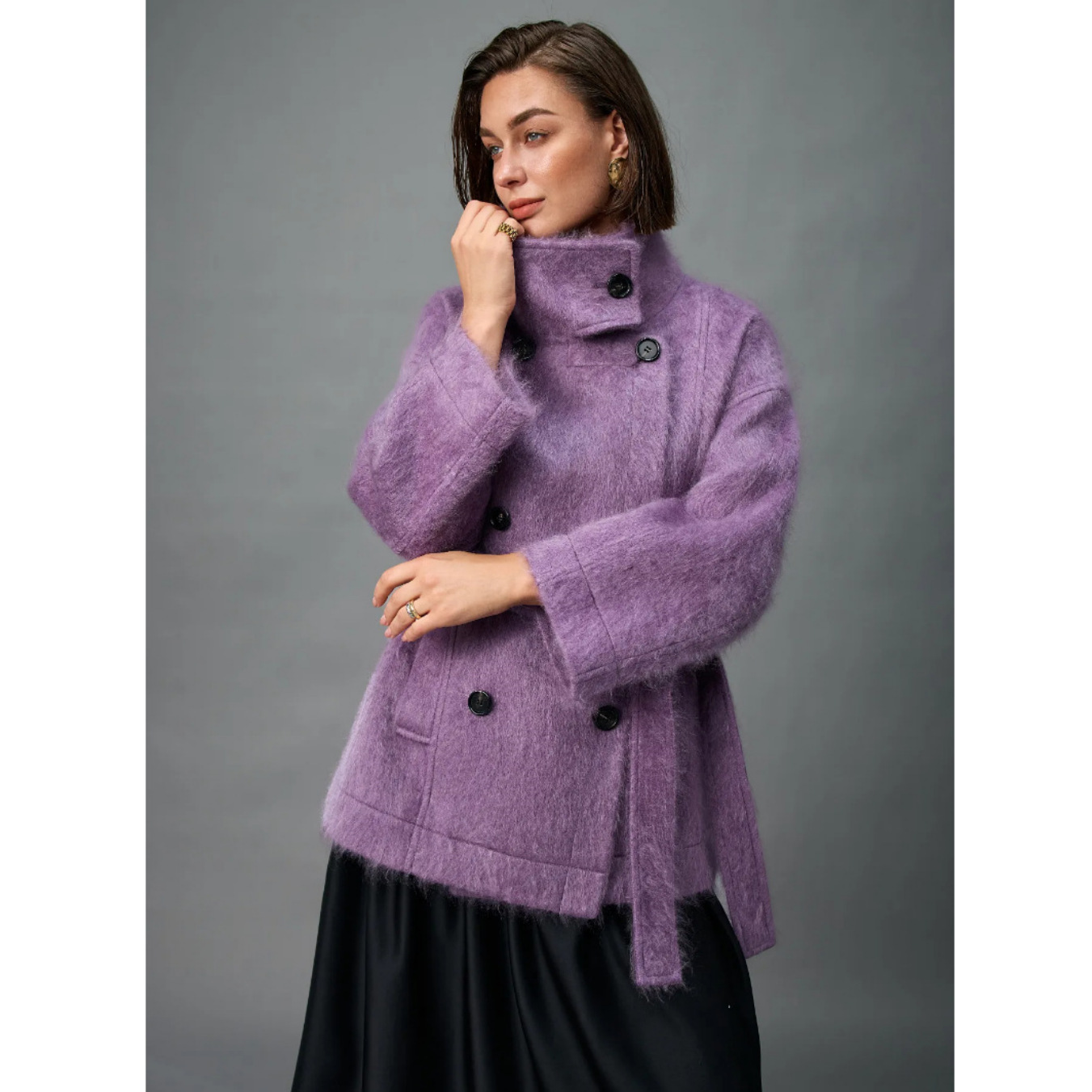 2025 Autumn and Winter Lined 100% Pure Cashmere Brushed Outwear Women's Loose Cocoon-Shaped Stand-Up Collar Mid-Length Outwear