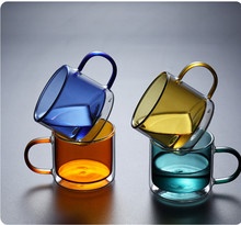 新品特惠高硼硅玻璃雙層杯 ins風透明彩色玻璃帶把咖啡杯家用茶杯