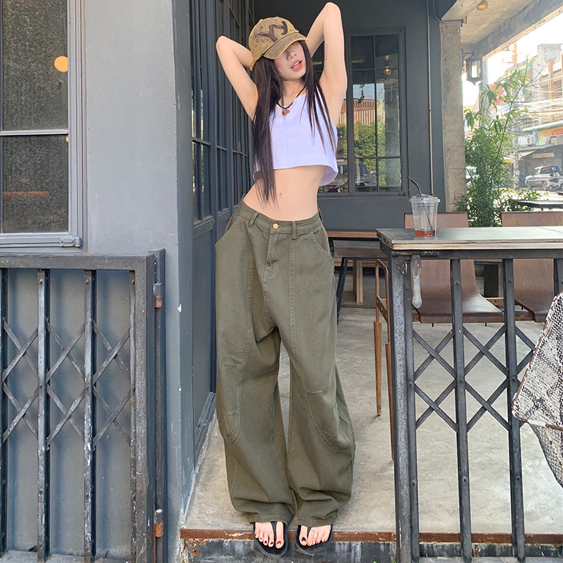 Olive Green Wide-Leg Jeans for Women 2025 Summer New American High-Waisted Straight-Leg Loose Slimming Floor-Length Pants