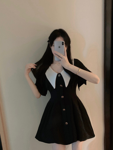 2025 waist waist to show thin black dress summer fat mm design French retro doll-neck dress