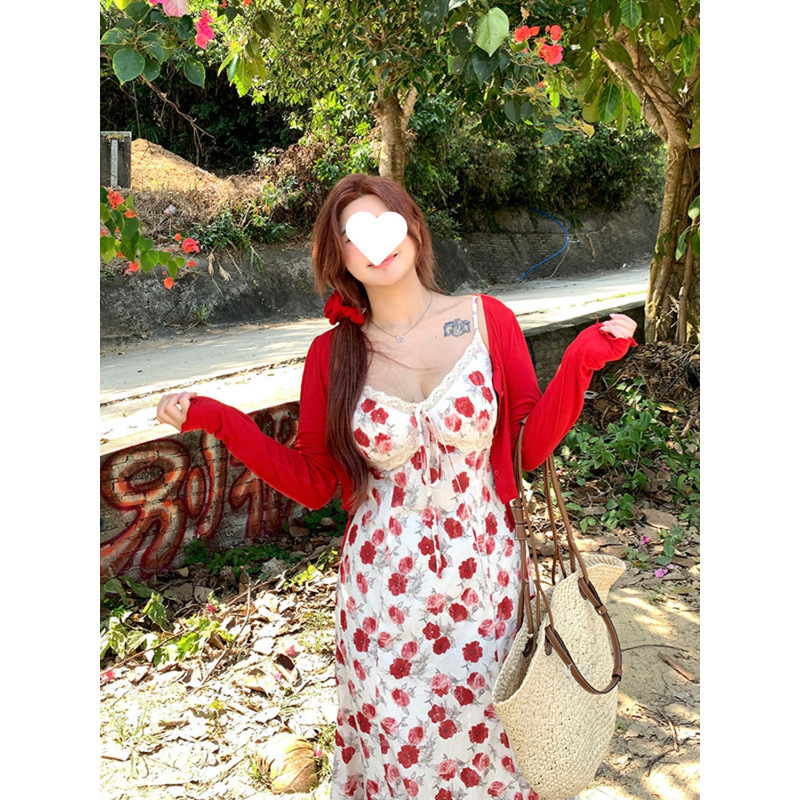 プラスサイズの女性の花柄サスペンダードレス女性の夏の甘い気質サスペンダースカートニット日焼け止めカーディガンスーツ女性|undefined