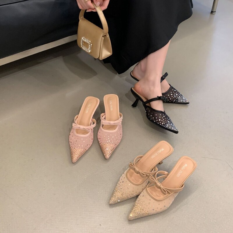 Baotou Sandals for Women 2026 Spring New Style Mesh Rhinestone Single-Strap Bowknot Shoes, Stunning and Comfortable High Heels