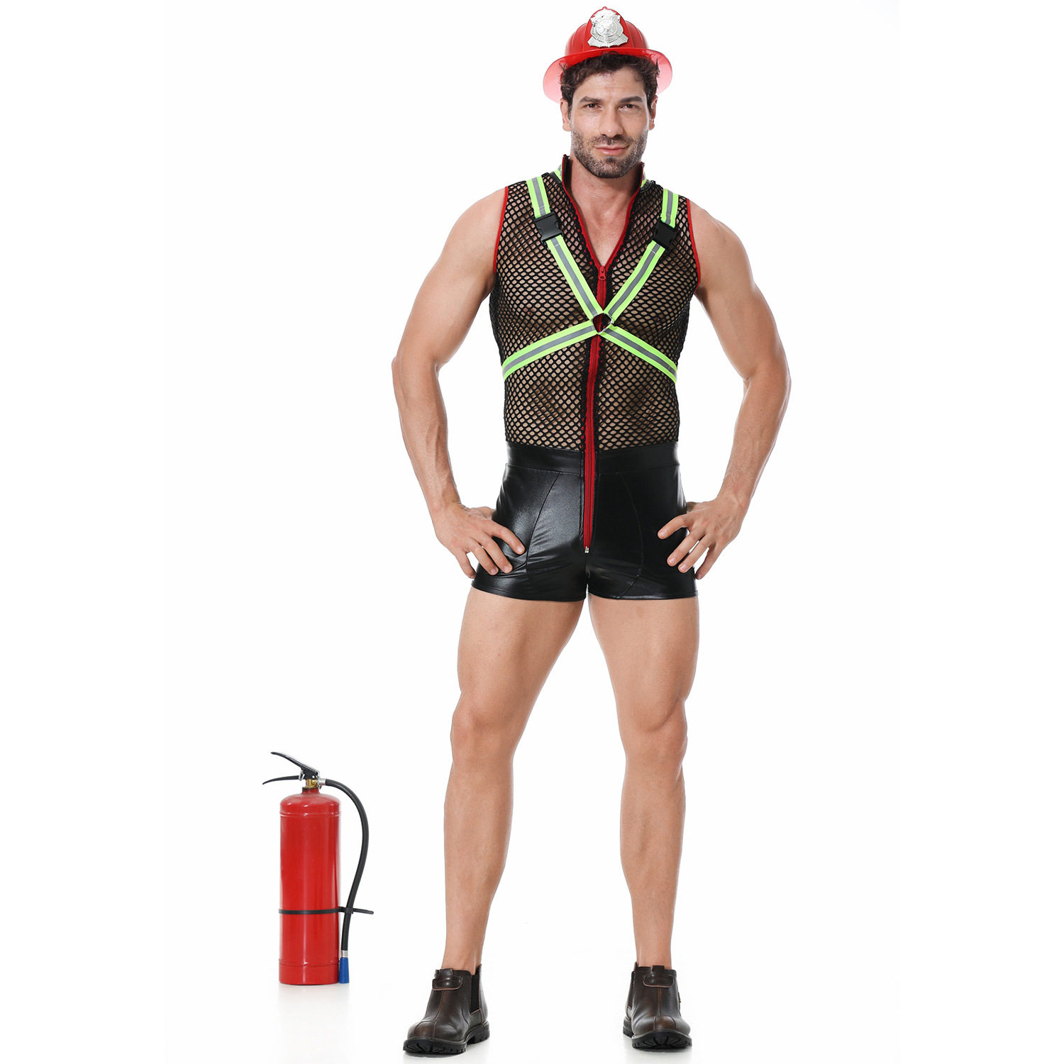 Disfraces de Halloween 2024 M-XL, disfraz de bombero reflectante para juego de roles, traje de fiesta divertido para niños, traje de bomberos COS de malla para hombres