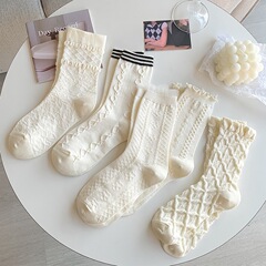 Beige jk mid-calf socks for women spring and summer thin cute versatile solid color simple college style breathable girls lace socks