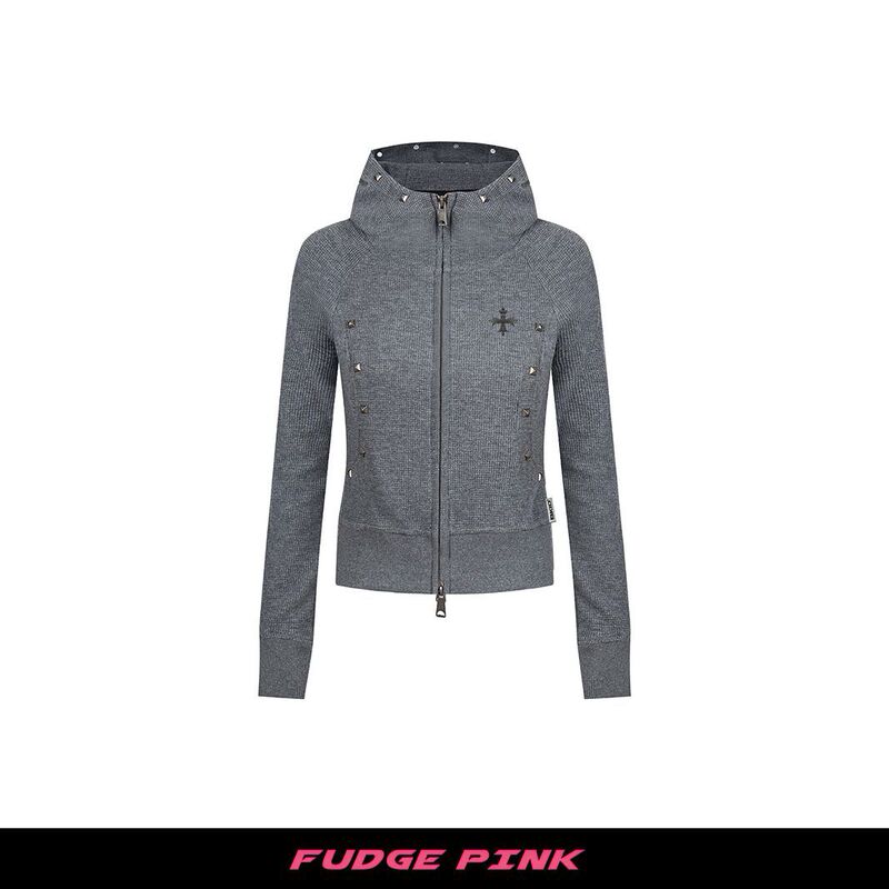 Fudge Pink 25秋季新品美式复古梵文十字架撞钉显瘦连帽卫衣|undefined