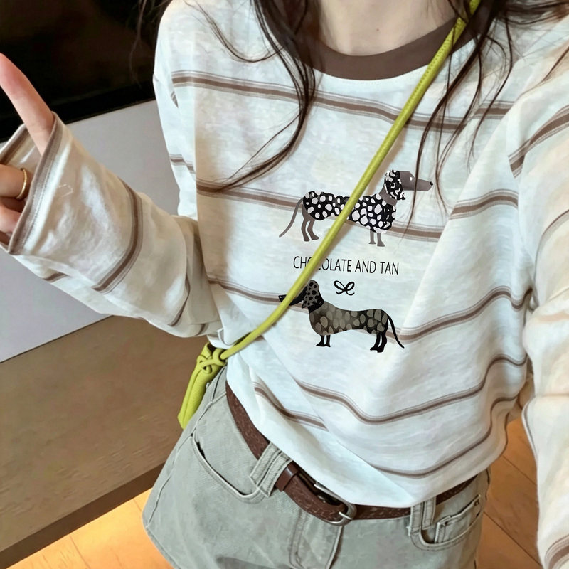 Korean-style white striped color-block long-sleeve T-shirt for women, 2026 early autumn new printed versatile casual base shirt top