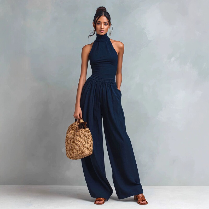 2026 Summer New Style Women's Cotton Blend Sleeveless High-Neck Slim-Fit Wide-Leg Jumpsuit