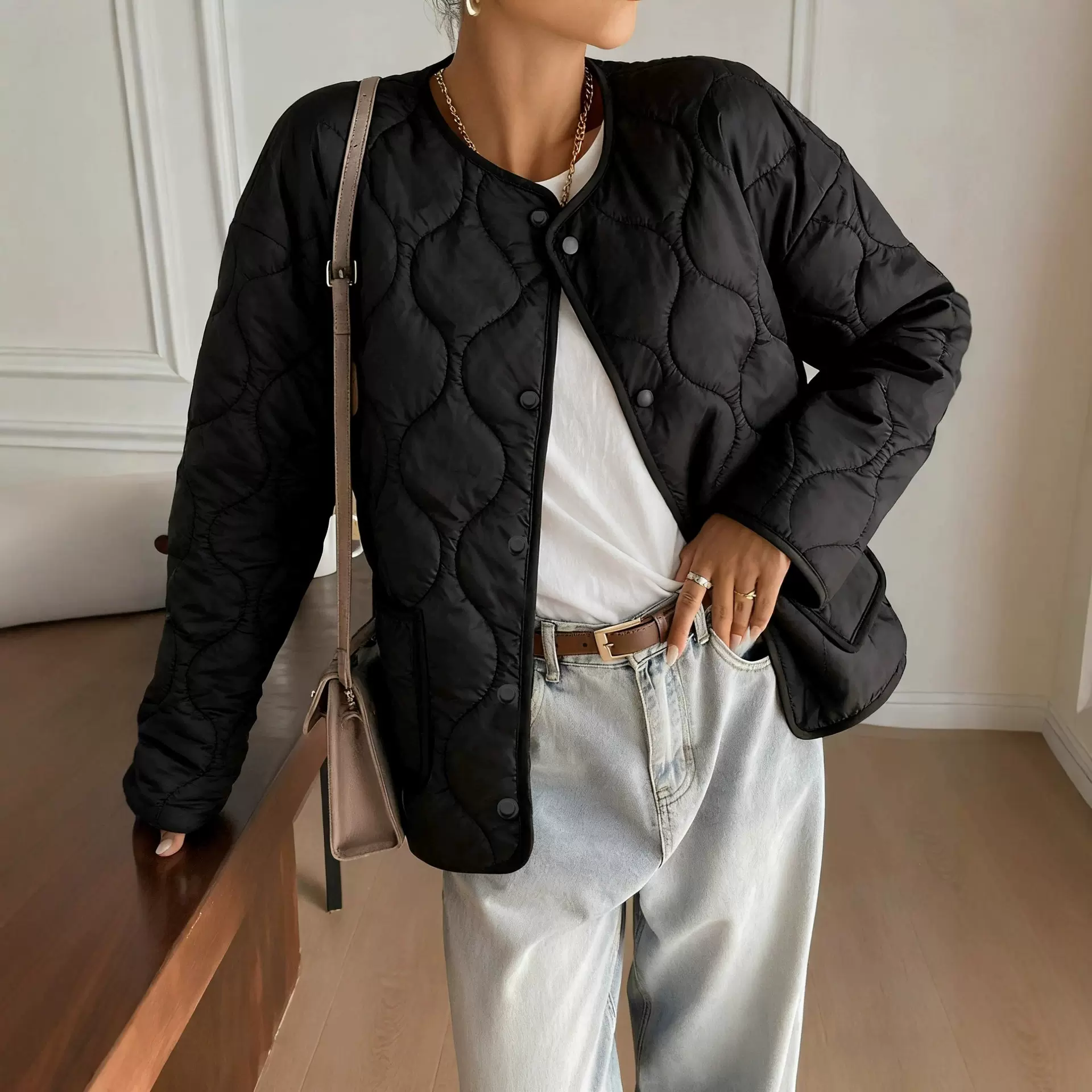 欧美跨境女士纽扣休闲纯色菱形网格图案飞行日常休闲外套夹克棉服