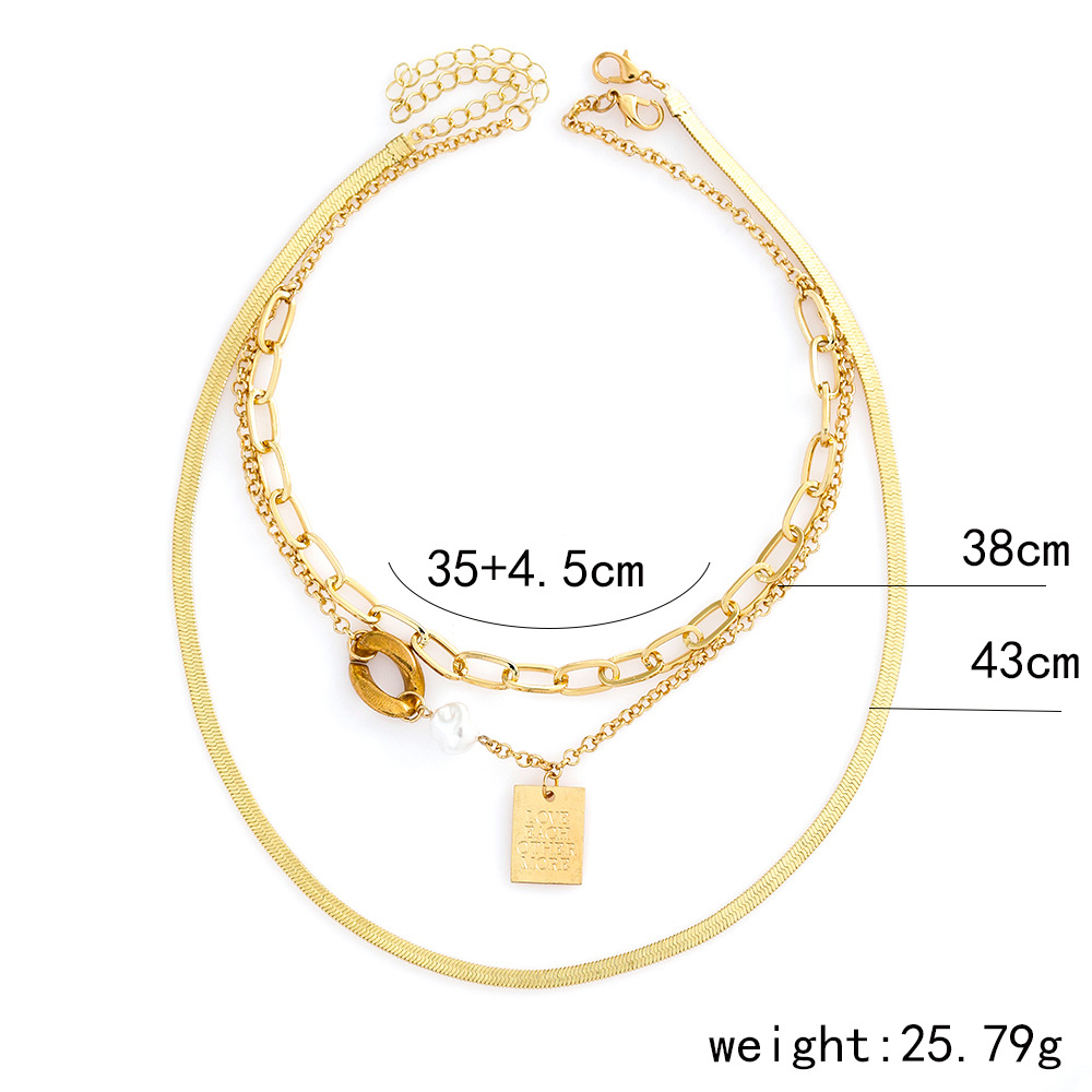 Retro Letter Square Stainless Steel Necklace Plating Artificial Pearls Stainless Steel Necklaces