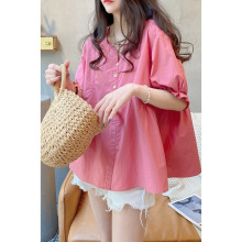 娃娃衫上衣夏季新品通勤韩版宽松v领甜美掐腰显瘦棉麻衬衫女短袖