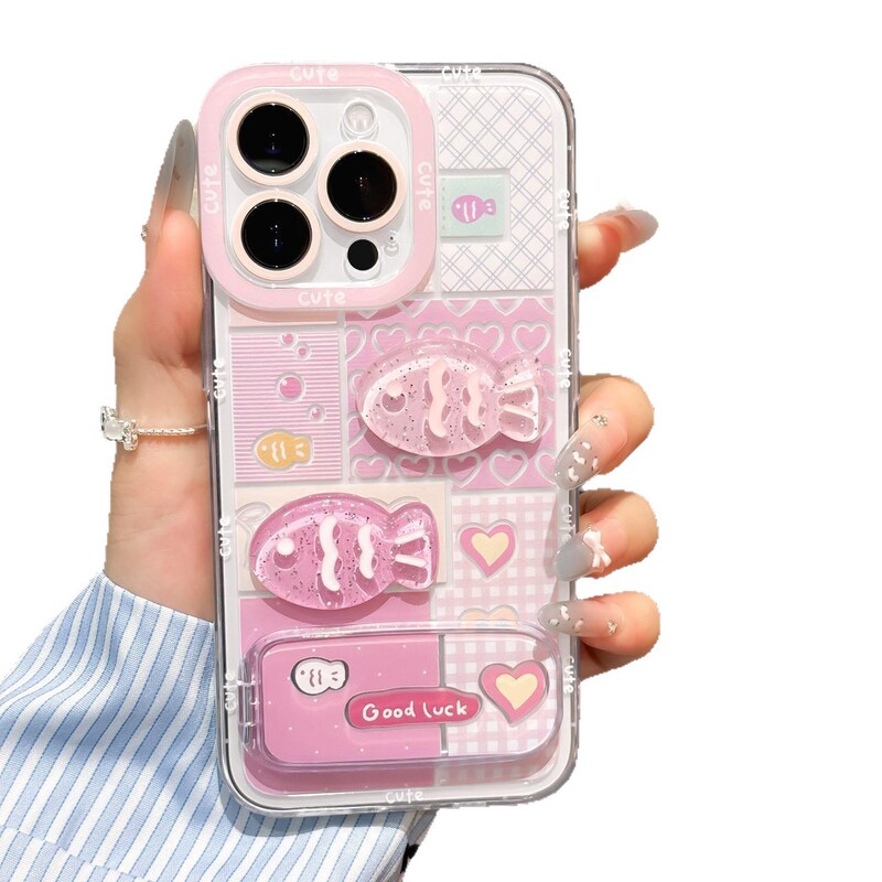 清新立体可爱小鱼适用苹果16promax保护套镜面支架iphone15手机壳|undefined