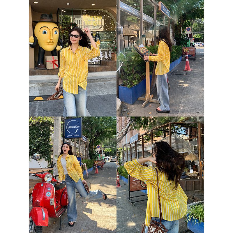 Yellow Striped Fold-Over Pocket Shirt for Women, Spring/Summer 2025 New Style, Loose Casual Energetic Shirt Yellow Striped Fold-Over Pocket Shirt for Women, Spring/Summer 2025 New Style, Loose Casual Energetic Shirt