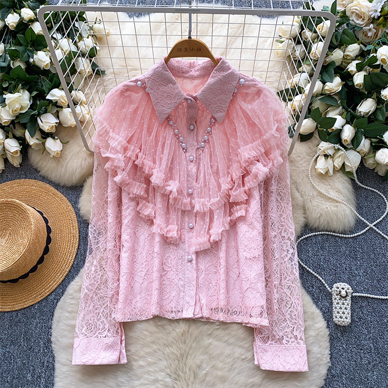 French-Style Light Luxury Socialite Heavy Beaded Ruffle Spliced Long-Sleeve Lace Top Women's Autumn Slim-Fit Base Shirt