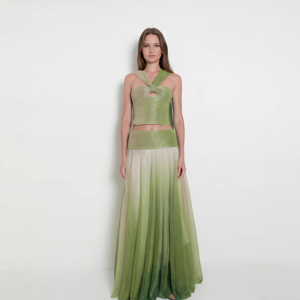 Summer Fashion Halter Neck Strap Skirt Set For Women Elegant Gradient Loose Fit Dance Dress_voghion.com