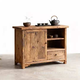 侘寂风实木茶水柜老榆木烧水壶一体柜茶桌边茶边柜民宿复古收纳柜