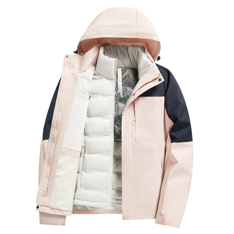 Plumón al aire libre tres en uno desmontable a prueba de viento impermeable viaje traje de montaña chaqueta para hombres y mujeres al aire libre image 6