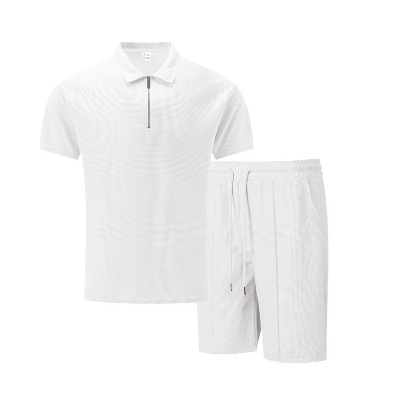 Men's Clothing Men's Casual Short Sleeve T-Shirt And Shorts Set Solid Color Lapel Zipper Waffle Design Summer Fashion_viptrois.com