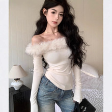 性感辣妹风毛领一字肩上衣女2024秋冬修身显瘦露肩内搭打底衫