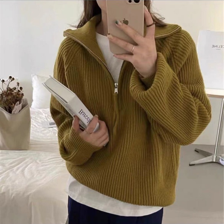 俄罗斯跨境秋冬新款拉链套头毛衣女立领宽松慵懒风保暖外穿针织衫|undefined