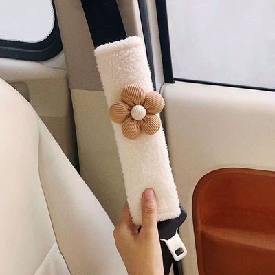 Car Seat Belt Shoulder Seat belt shoulder pad - white-simple-flower-brown-20cm7cm