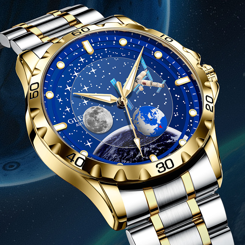 Đồng hồ nam automatic lộ máy dây thép cao cấp — Dây thép vàng Intershell, Dải thép bạc vỏ bạc