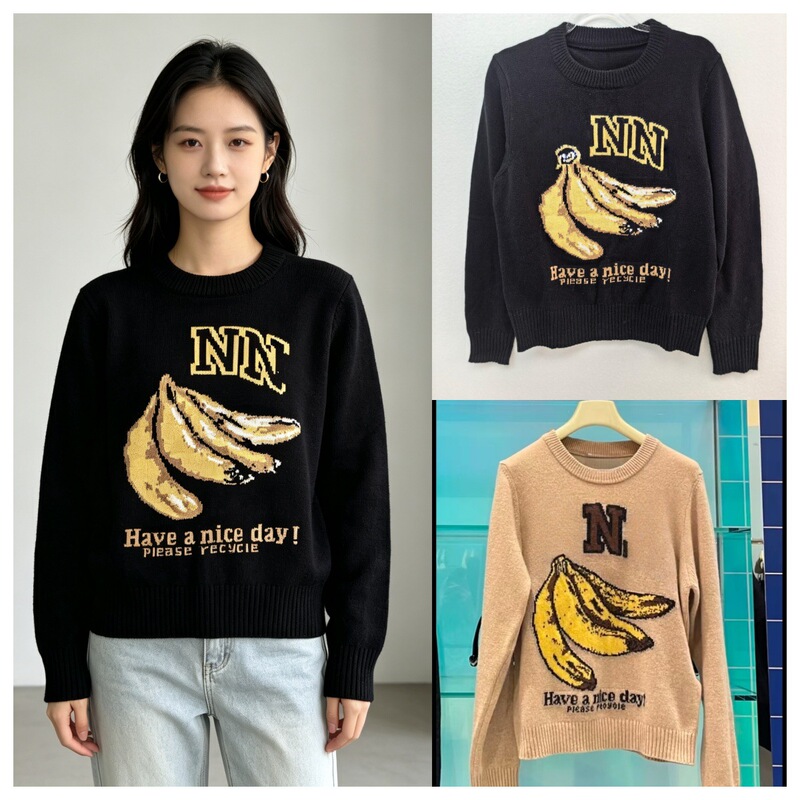Wool Blend Foreign Trade 26 New Model Banana Jacquard Wool Blend Round Neck Pullover Black Loose Sweater Knitwear Wool Blend Foreign Trade 26 New Model Banana Jacquard Wool Blend Round Neck Pullover Black Loose Sweater Knitwear