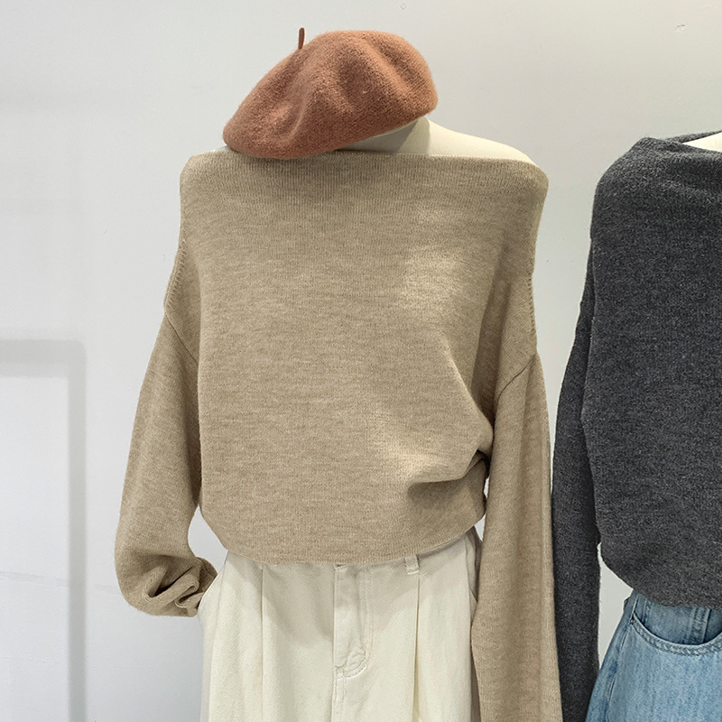 セーターデザインニッチワンラインカラーオフショルダールーズセーターレディース初秋新作レイジーフレグランストップ