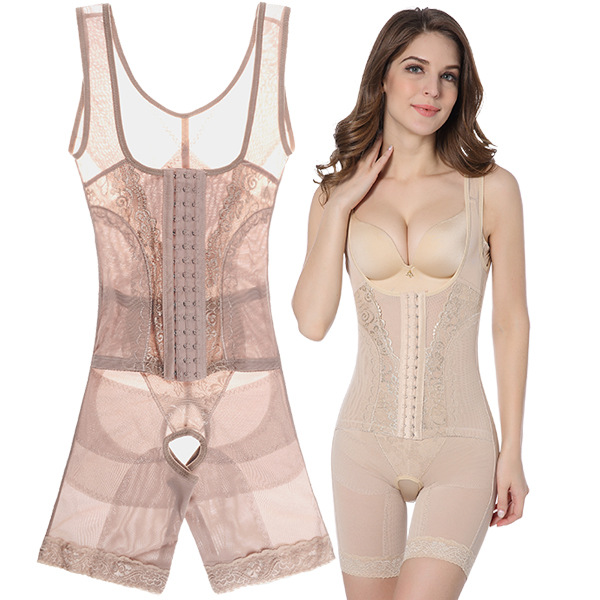 【一件代发】三排扣连体塑身衣开裆式压力收腹网纱蕾丝美体衣
