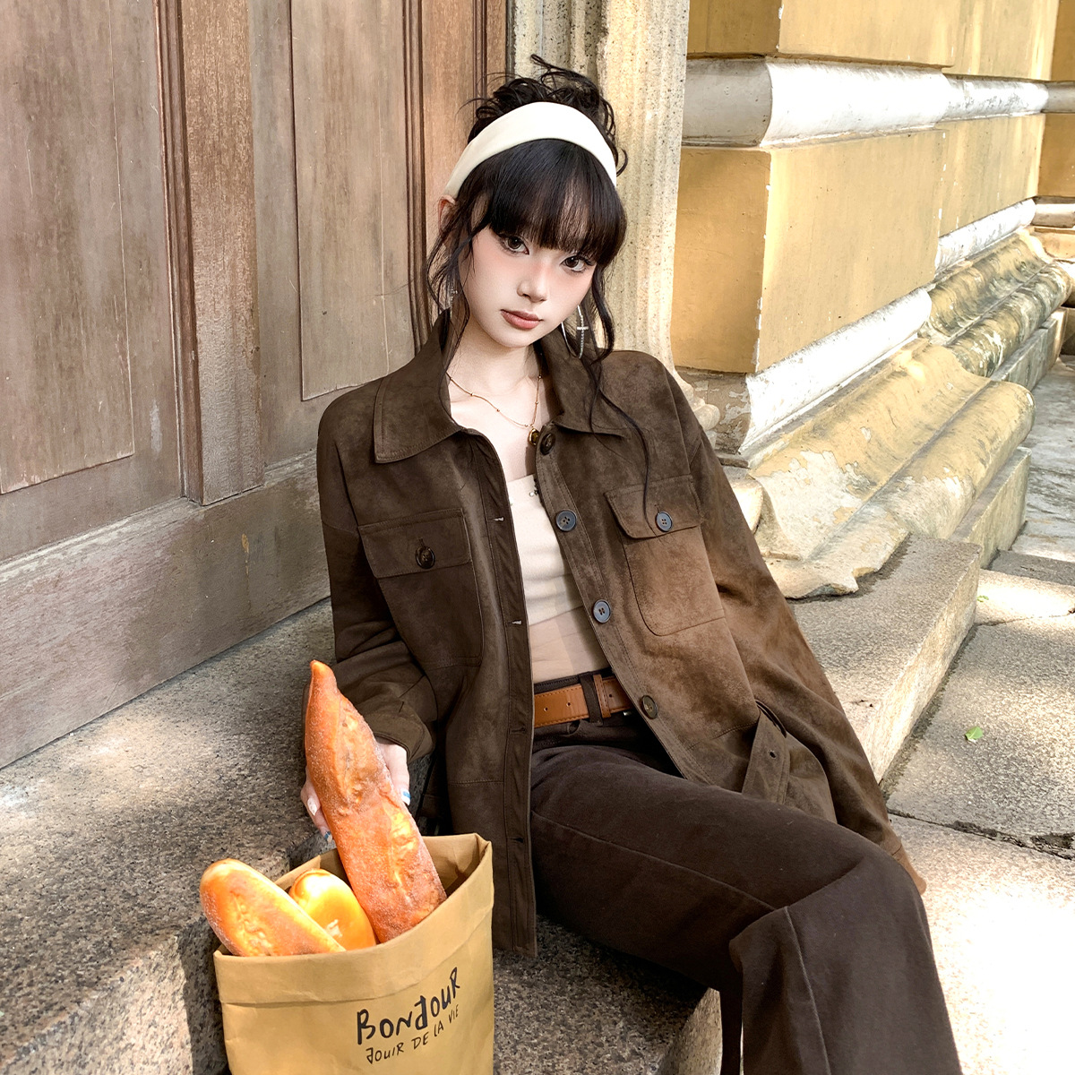 Orange Silk Women's Clothing # Brown Coffee Deerskin Velvet Short Jacket Women's Autumn and Winter New Retro High-End Motorcycle Jacket Top