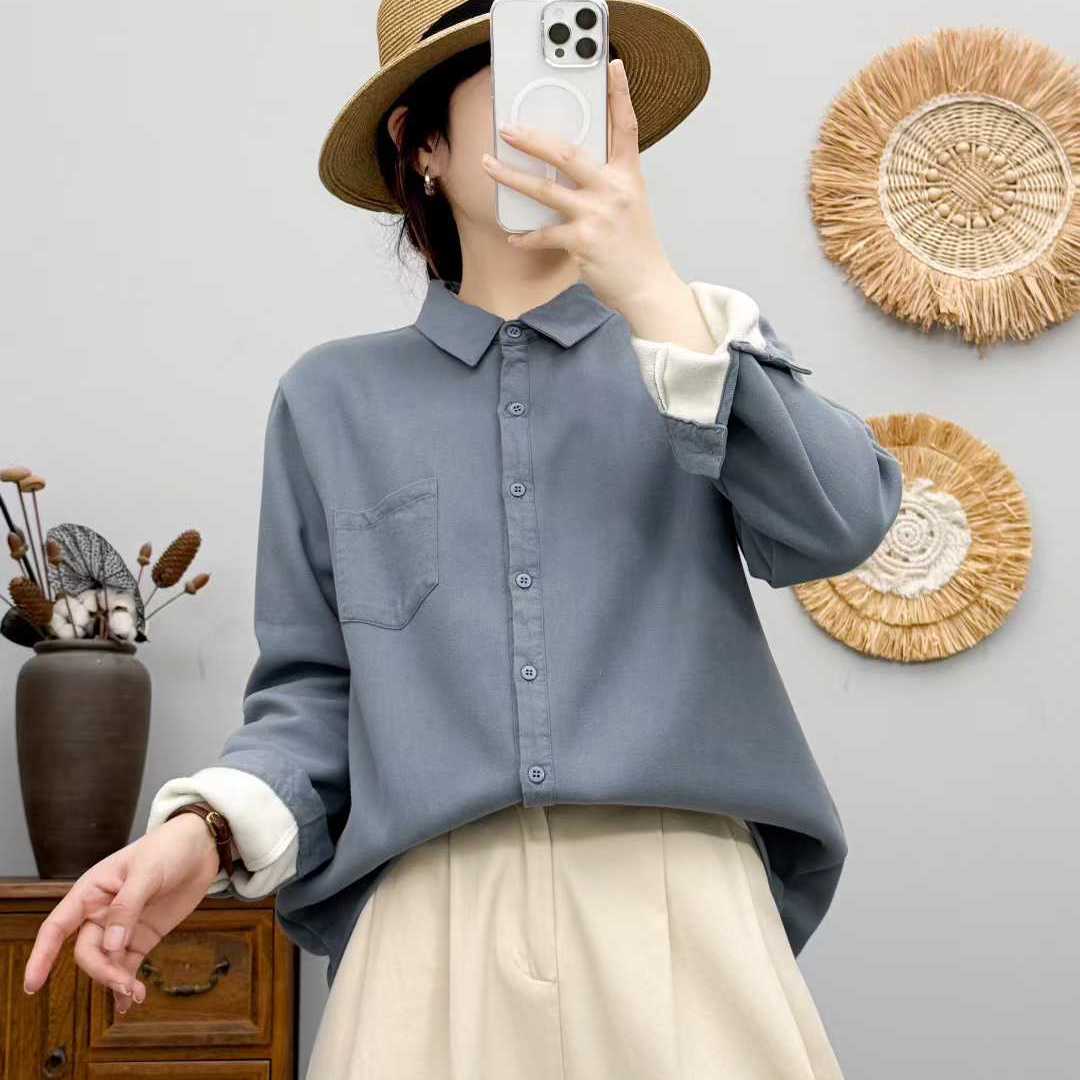 加绒加厚衬衫2025冬季新款保暖长袖衬衣文艺气质减龄纯色上衣潮女