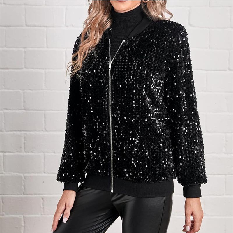 Chaqueta Corta de Punto Tipo Cárdigan de Poliéster con Lentejuelas y Cremallera para Uso Casual image 5