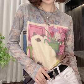 【双层70D超柔】猫咪印花双层网纱长袖t恤女装夏季新款防晒罩衫上