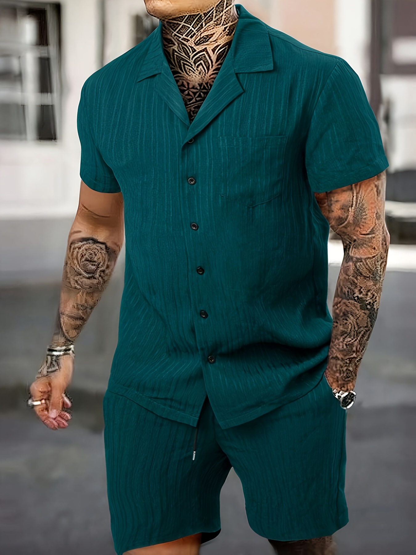 Lässiges Herren Hemd Und Shorts Set Mit Rüschentaschen_voghion.com