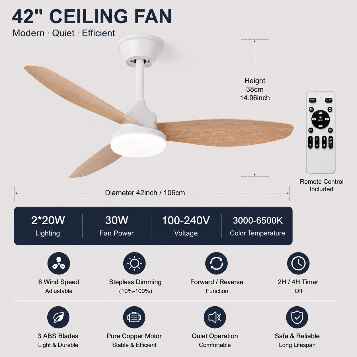 Ventilador de Techo Retro con Luz de Acrílico y ABS con Control Remoto para Sala de Estar y Comedor