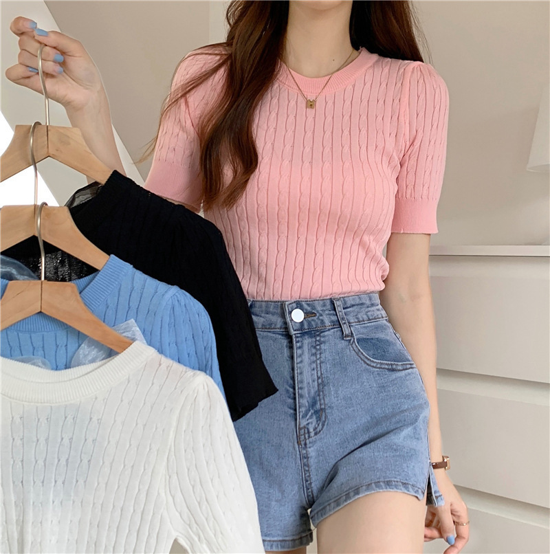 夏季2024新款韩版短袖针织衫纯色修身圆领毛衣打底T恤内搭上乙鸟