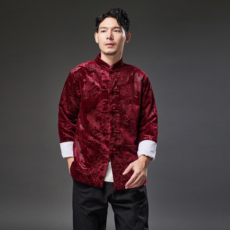 Autumn and Winter Men's Vintage Long-sleeved Shirt with Lining Tang-style Chinese-style Velvet Buckle Chinese-style Men's Cardigan Jacket Autumn and Winter Men's Vintage Long-sleeved Shirt with Lining Tang-style Chinese-style Velvet Buckle Chinese-style Men's Cardigan Jacket