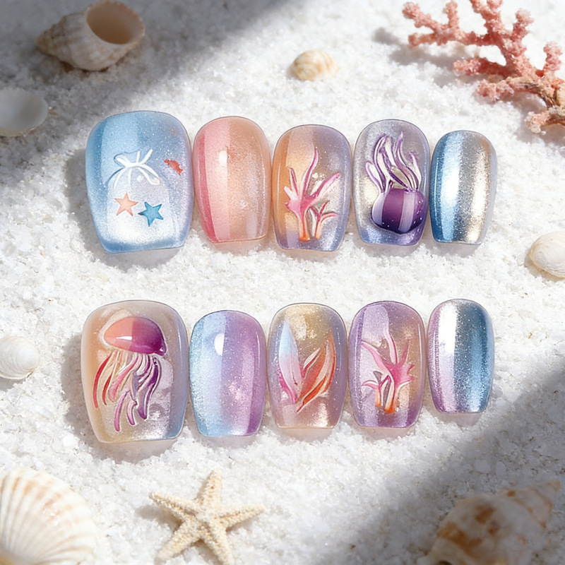 Nail Art Relief Model Stereo Dreamy Ocean Crystal Cat's Eye Wearable Nail Glue Jellyfish Coral Bubble Pre-Made Nail Pieces