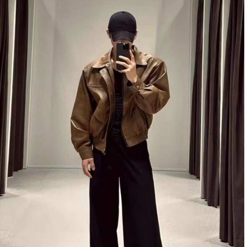 American Style Retro Motorcycle Leather Jacket Men's Maillard High Street Jacket Stitching Design cleanfit Jacket Men's Fashion Brand